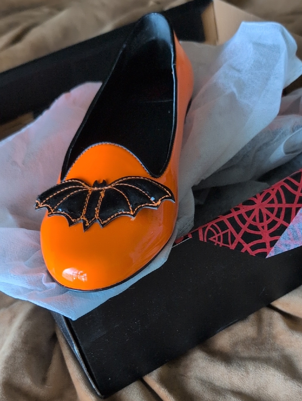 Orange Patent Bat Appliqué Slip-On Flats